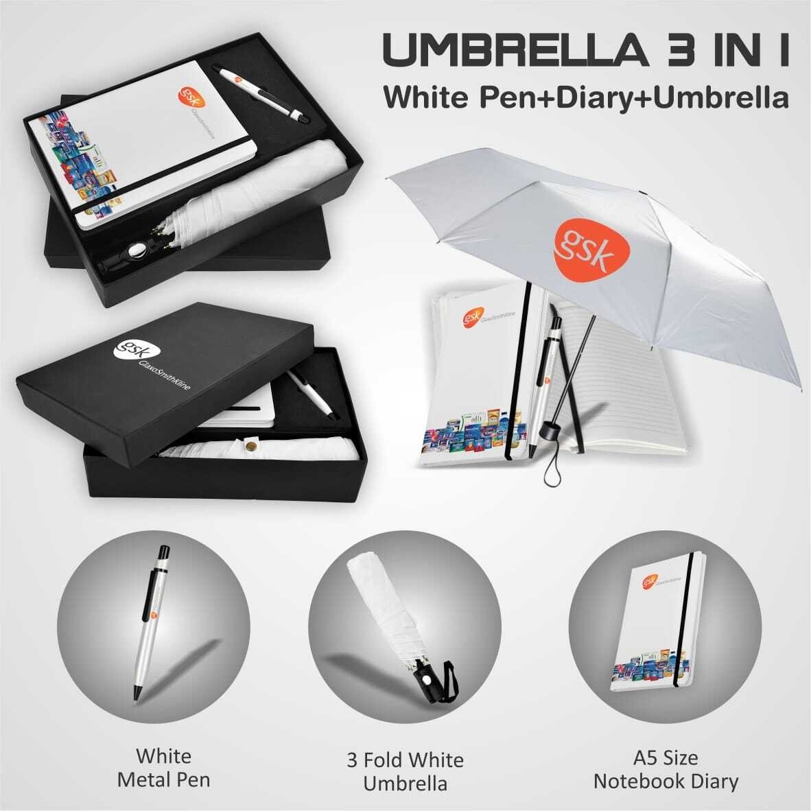 3  in  1 set :  Umbrella, White Pen, Diary.
